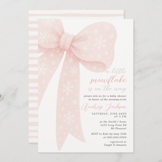 Kleine Snowflake Pink Coquette Bow Baby Dusche Einladung (Vorne/Hinten)