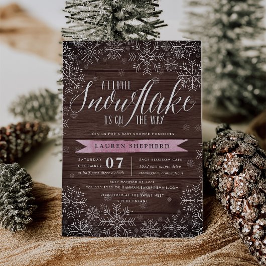 Kleine Snowflake Pink Rustic Wood Baby Dusche Einladung