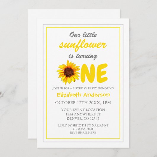 Kleine Sonnenblume 1. Geburtstag Einladung (Vorne/Hinten)
