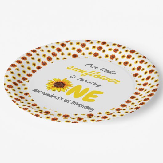 Kleine Sonnenblume 1. Geburtstag Pappteller (Schrägansicht)