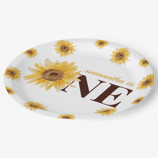 Kleine Sonnenblume 1. Geburtstag Pappteller (Schrägansicht)