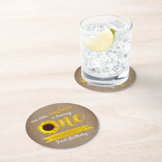 Kleine Sonnenblume 1. Geburtstag Party Runder Pappuntersetzer (Vor Ort)