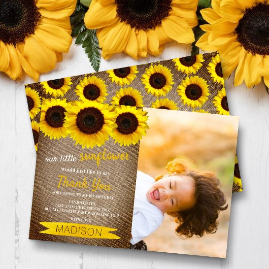 Kleine Sonnenblume Rustikales Burlap-Foto Geburtst Dankeskarte