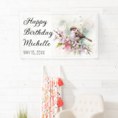 Kleine Spatz-Kirschblüten-Frühlings-Geburtstagsnam Banner (Insitu)