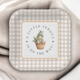 Kleine Spross Neutrales Beige Gingham Baby Shower Pappteller