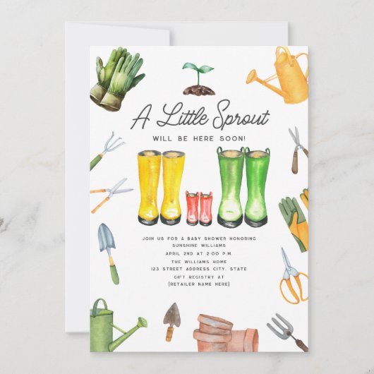 Kleine Sprout Red Rain Boots Gartenarbeit Einladung (Vorderseite)