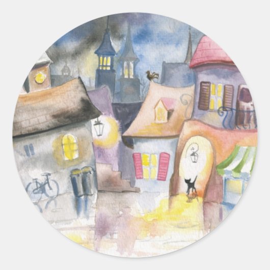Kleine Stadt nachts Runder Aufkleber (Vorderseite)
