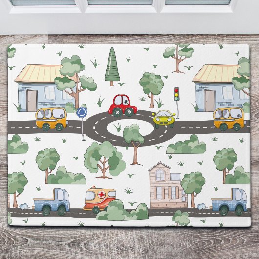 Kleine Stadt und Autos farbenfrohe Muster Fußmatte