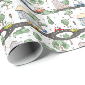 Kleine Stadt und Autos farbenfrohe Muster Geschenkpapier (Rolleneckpunkt)