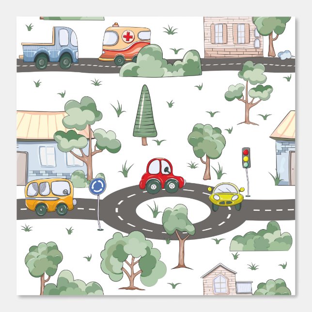 Kleine Stadt und Autos farbenfrohe Muster Kinderzi Tapete (Vorderseite)