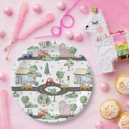 Kleine Stadt und Autos farbenfrohe Muster Pappteller (Party)