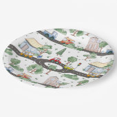 Kleine Stadt und Autos farbenfrohe Muster Pappteller (Schrägansicht)