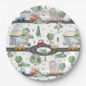 Kleine Stadt und Autos farbenfrohe Muster Pappteller (Vorderseite)