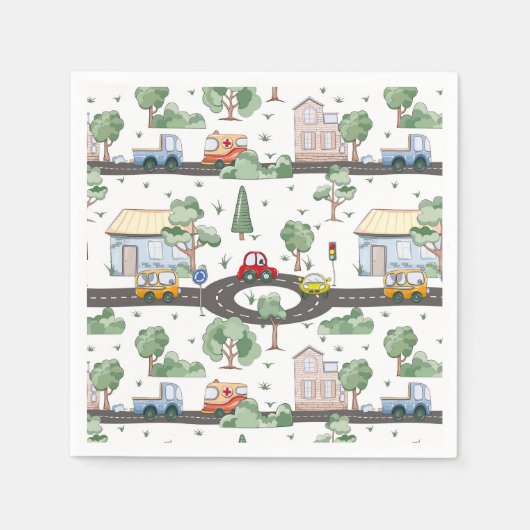 Kleine Stadt und Autos farbenfrohe Muster Serviette (Vorderseite)