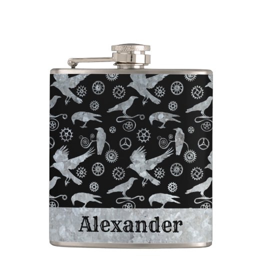 Kleine Steampunken Silberverzinkgestänge und -kräh Flachmann (Vorderseite)