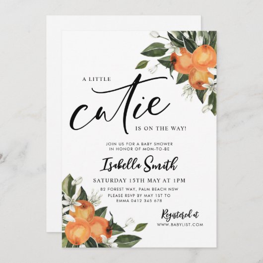 Kleine Süsse auf dem Weg Citrus Orange Babydusche Einladung (Vorne/Hinten)