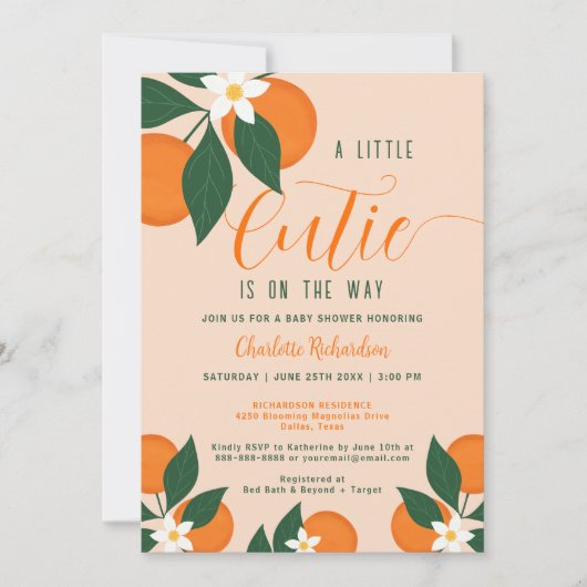 Kleine Süsse auf dem Weg Citrus Orange Babydusche Einladung (Vorderseite)