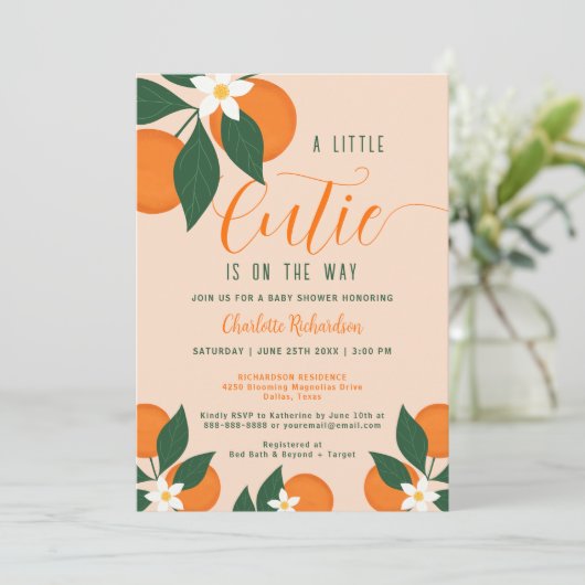 Kleine Süsse auf dem Weg Citrus Orange Babydusche Einladung (Stehend Vorderseite)