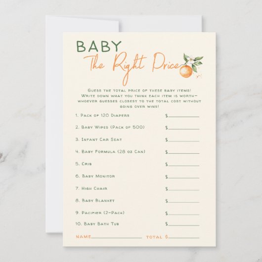 Kleine Süsse Citrus Baby die richtige Preiskarte Einladung (Vorderseite)