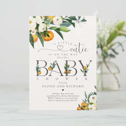 Kleine Süsse Citrus Botanical Orange Babydusche Einladung (Stehend Vorderseite)