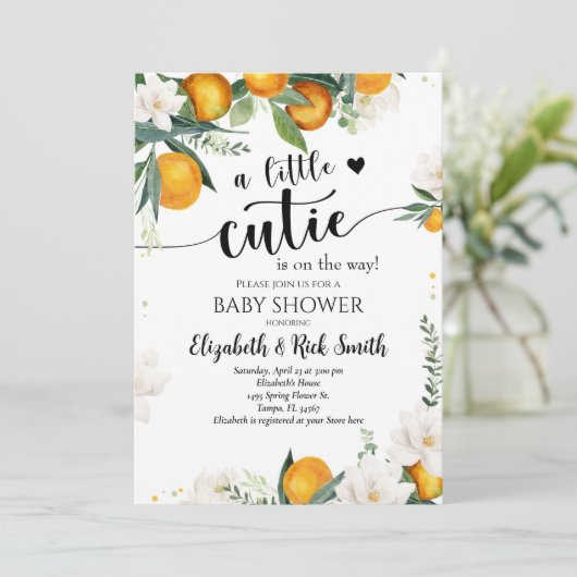 Kleine Süsse Clementine Baby Duwer Gender Neutral Einladung (Stehend Vorderseite)