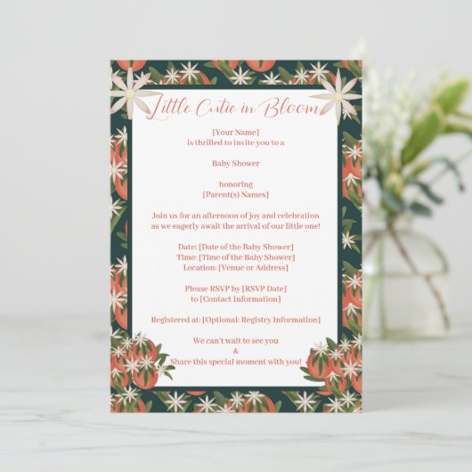 Kleine Süsse Clementine| Citrus Theme Baby Dusche Einladung (Stehend Vorderseite)