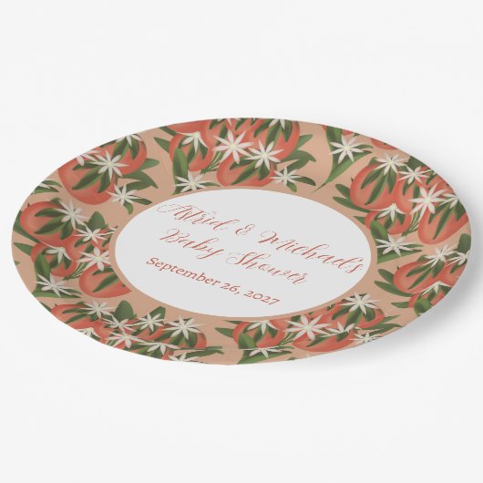 Kleine Süsse Clementine | Citrus Theme Baby Dusche Pappteller (Schrägansicht)