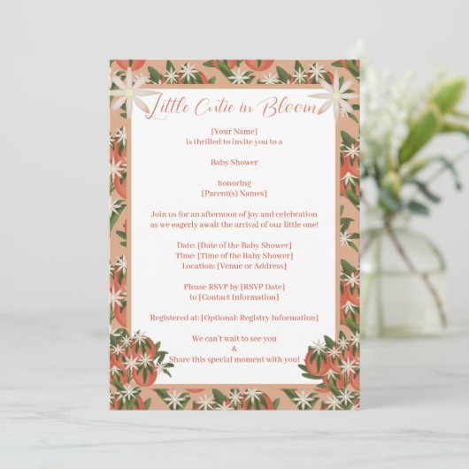 Kleine Süsse Clementine |Citrus Theme Babydusche Einladung (Stehend Vorderseite)