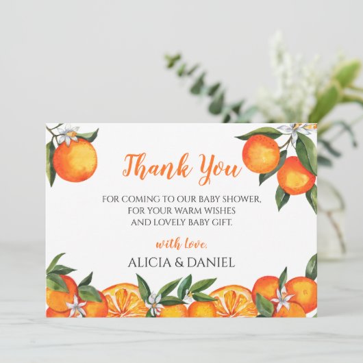 Kleine Süsse Clementine Orange Babydusche Dankeskarte (Stehend Vorderseite)
