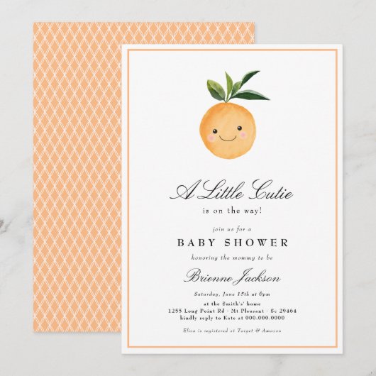 Kleine Süsse Clementine Orange Moderne Babydusche  Einladung (Vorne/Hinten)