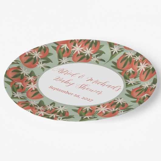 Kleine Süsse Clementine Sage Neutral Baby Dusche Pappteller (Schrägansicht)