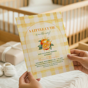 Kleine Süße Gelbe Gingham-Zitrus-Baby-Party Einladung