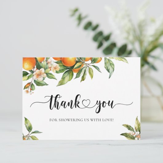 Kleine Süsse Grünpflanzen Citrus Orange Babydusche Dankeskarte (Stehend Vorderseite)