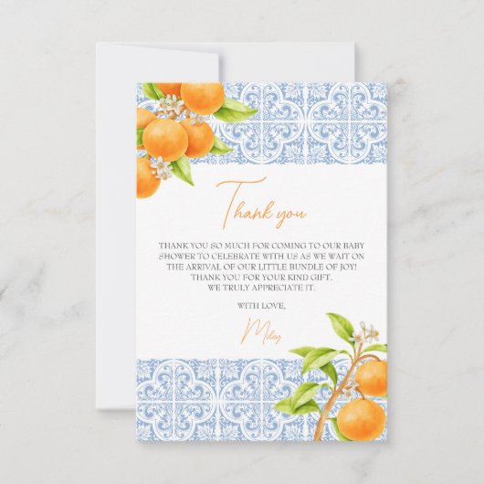 Kleine Süsse Mediterrane Tile Orange Babydusche Dankeskarte (Vorderseite)