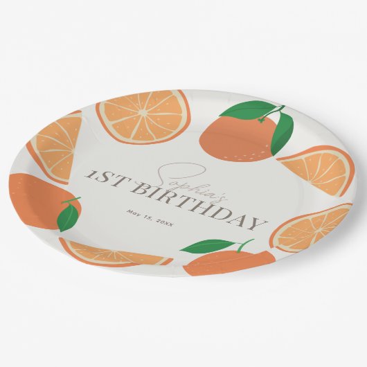 Kleine Süsse Modernes Orange & Orange Slice Geburt Pappteller (Schrägansicht)
