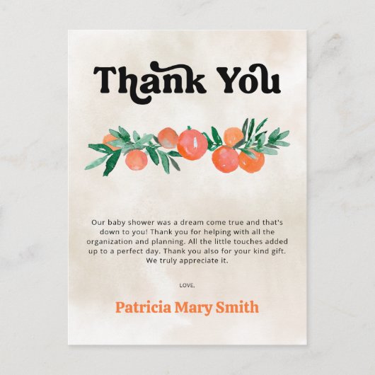 Kleine Süsse Orange Baby Dusche Vielen Dank Postkarte (Vorderseite)