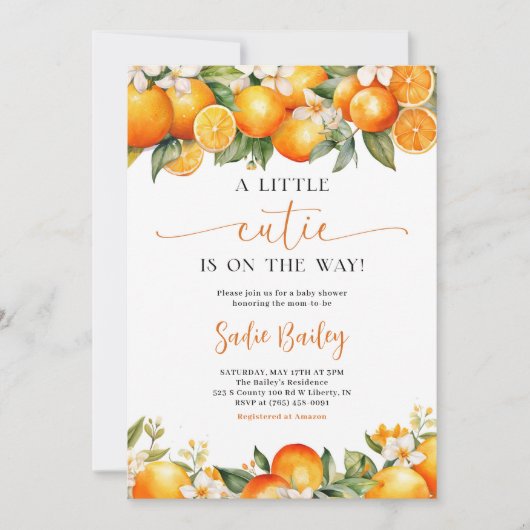 Kleine Süsse Orange Citrus Baby Dusche Einladung (Vorderseite)
