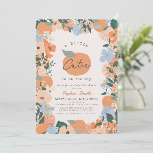 Kleine Süsse Orange Floral Baby Dusche Einladung (Stehend Vorderseite)