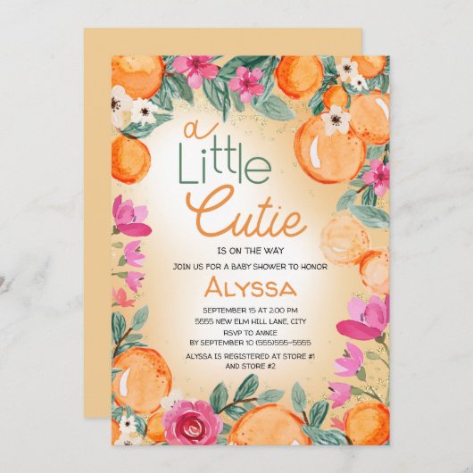 Kleine Süsse Orange Pink Blumenspülung Kinderdusch Einladung (Vorne/Hinten)