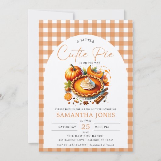 Kleine Süsse Pie Pumpkin Fall Gingham Baby Dusche Einladung (Vorderseite)