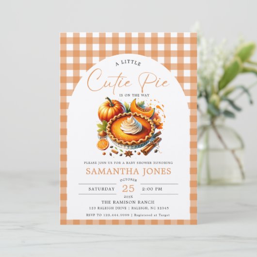 Kleine Süsse Pie Pumpkin Fall Gingham Baby Dusche Einladung (Stehend Vorderseite)