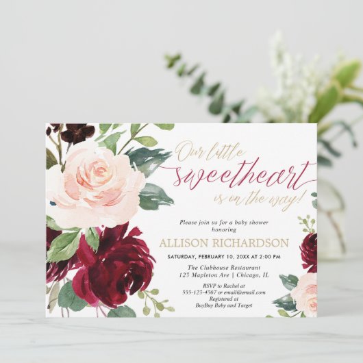 Kleine süße rosa goldene Bordeauxdusche Einladung (Stehend Vorderseite)