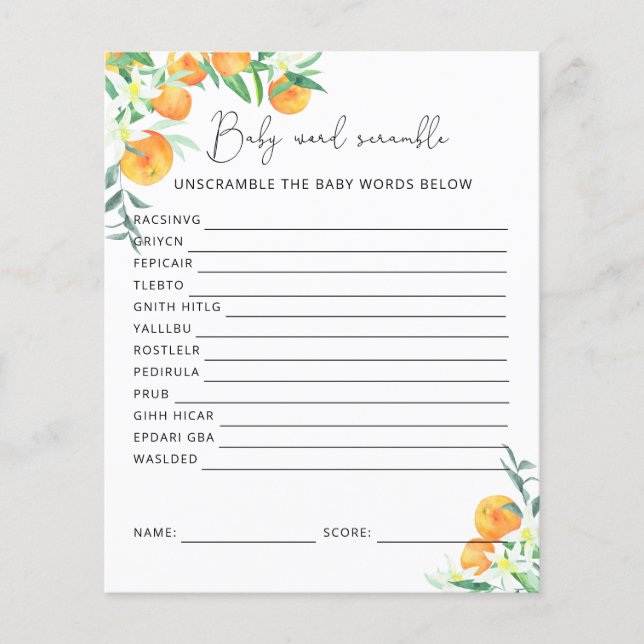 Kleine Süsse Word Scramble | Baby Showspiel (Vorderseite)