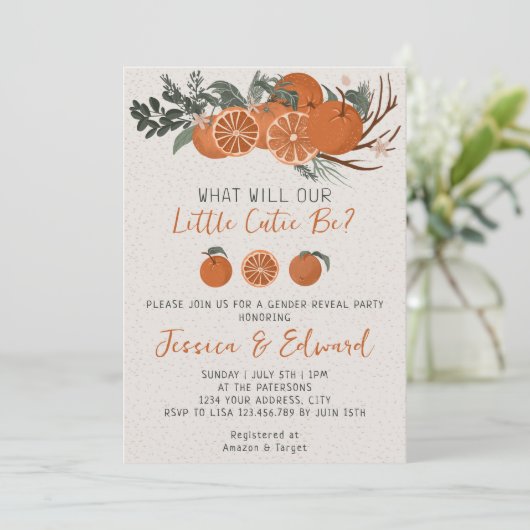 Kleine Süsse Zitrus Orange Gender Reveal Party Einladung (Stehend Vorderseite)