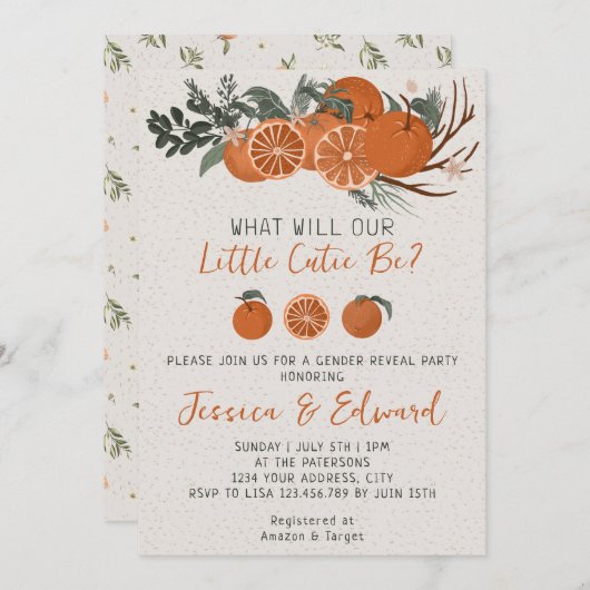 Kleine Süsse Zitrus Orange Gender Reveal Party Einladung (Vorne/Hinten)