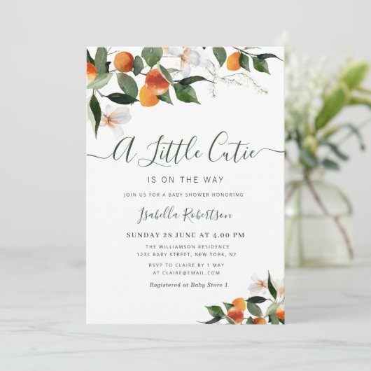 KLEINE SÜSSE | Zitrusfrüchte-Orangen-Babydusche Einladung (Stehend Vorderseite)