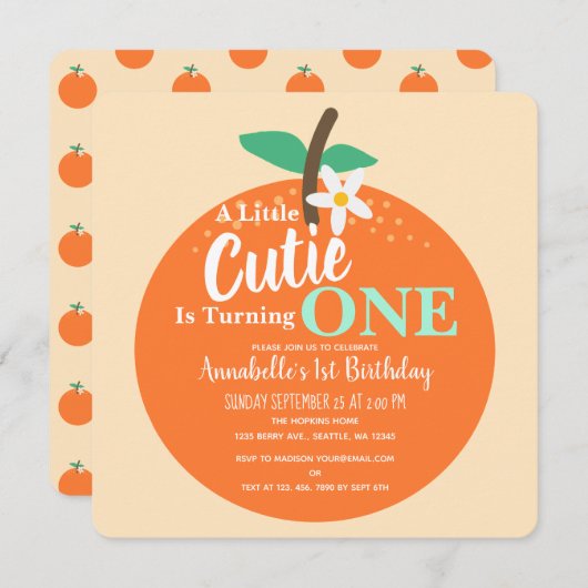 Kleine Süssen machen ein Orange Kids zum ersten Ge Einladung (Vorne/Hinten)