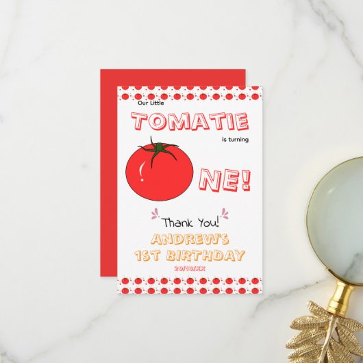 Kleine Tomatie wird eins Süßer 1. Geburtstag Dankeskarte (Vorderseite/Rückseite Beispiel)