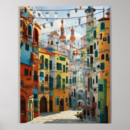 Kleine Touristenstadt mit vielen bunten Häusern Li Poster