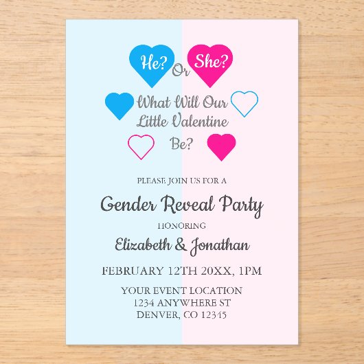 Kleine Valentinstag-Geschlechtsübersicht Acryleinladungen (Vorderseite)